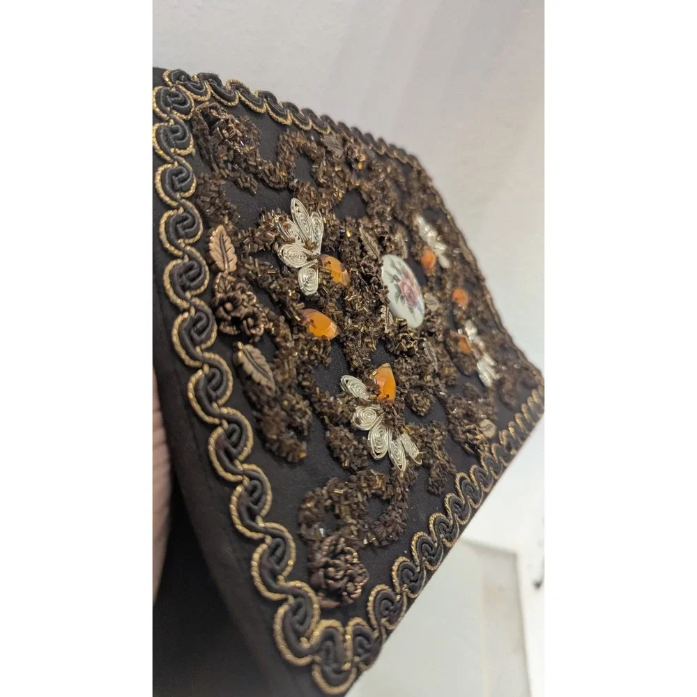 Vintage 1950s Black Beaded Evening‎ Bag Amber Floral Cabochon Frame Purse